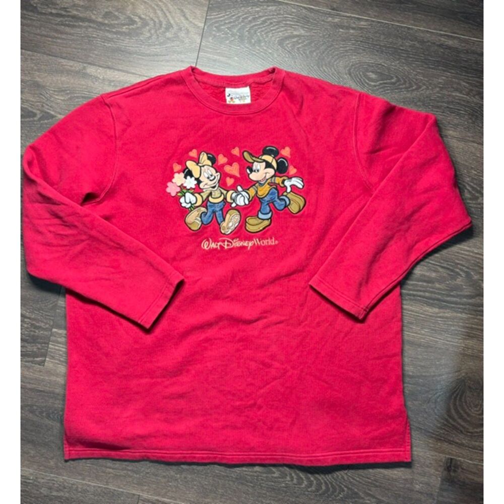 Walt Disney World Mickey Minnie Mouse Sweatshirt XL Red Embroidered Hearts